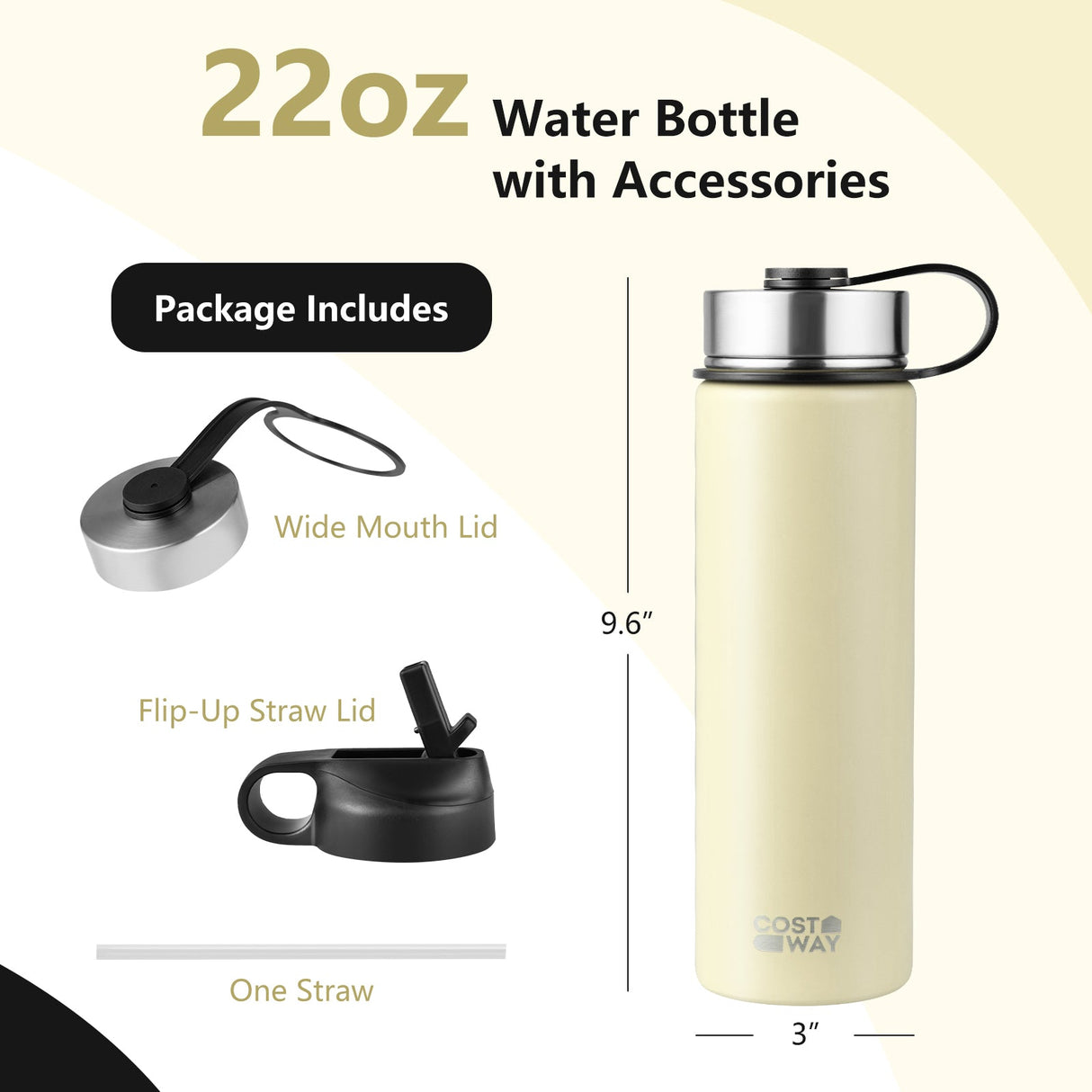 Botella de agua de acero inoxidable con aislamiento de doble pared de 22 oz con 2 tapas y pajita
