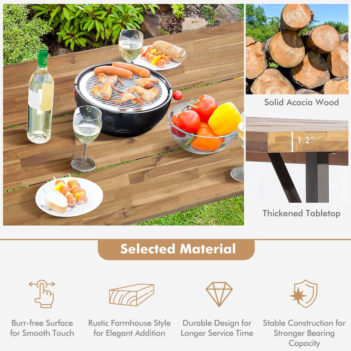 Juego de mesa de comedor para patio exterior de 6 personas con orificio para sombrilla de 2 pulgadas