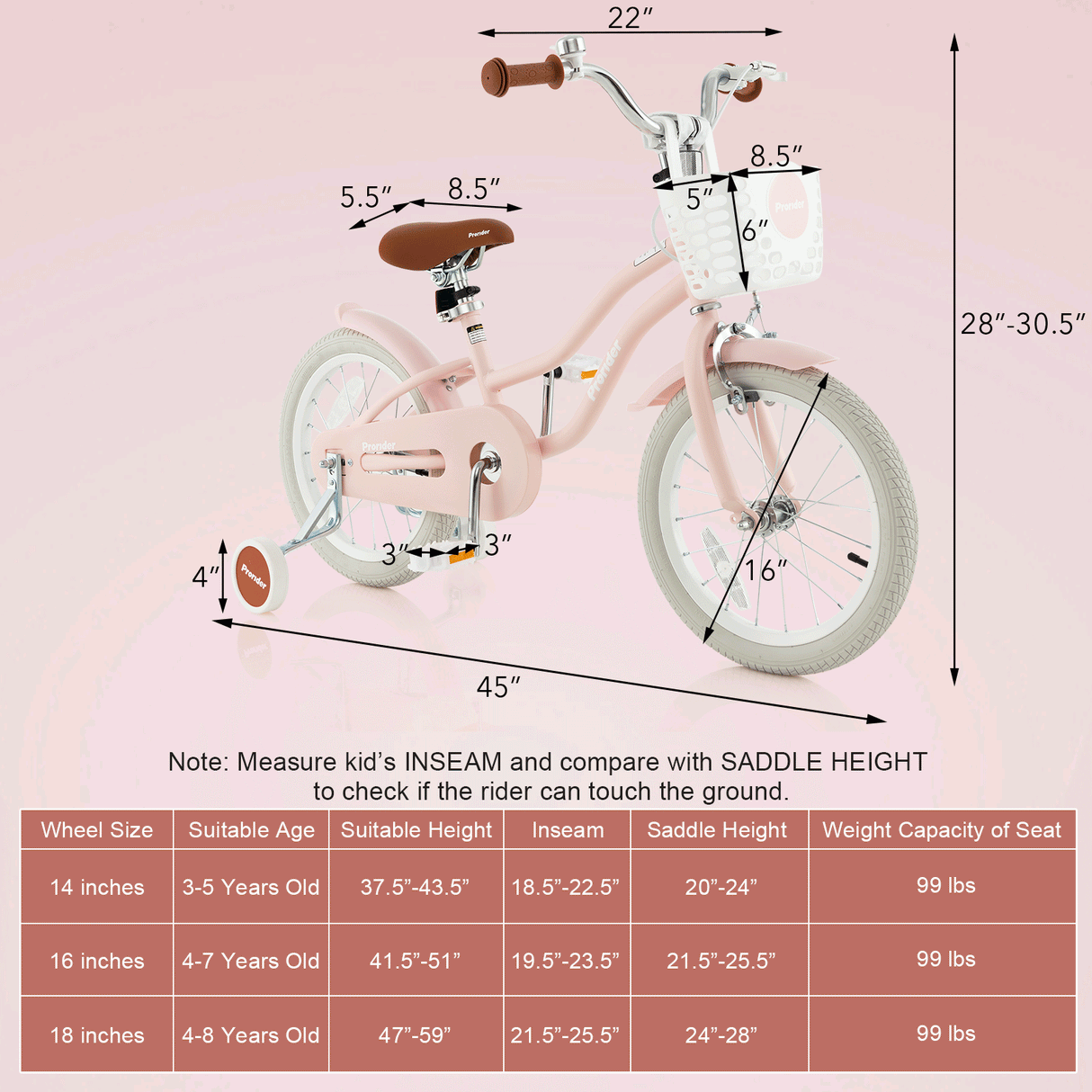 Bicicleta infantil de 16 pulgadas con freno de mano delantero y 2 ruedas de aprendizaje-Rosa