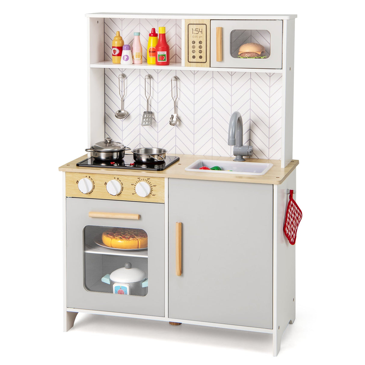 Juego de cocina infantil con luces, sonidos, microondas, hornillas, fregadero, horno y accesorios de cocina - Blanco