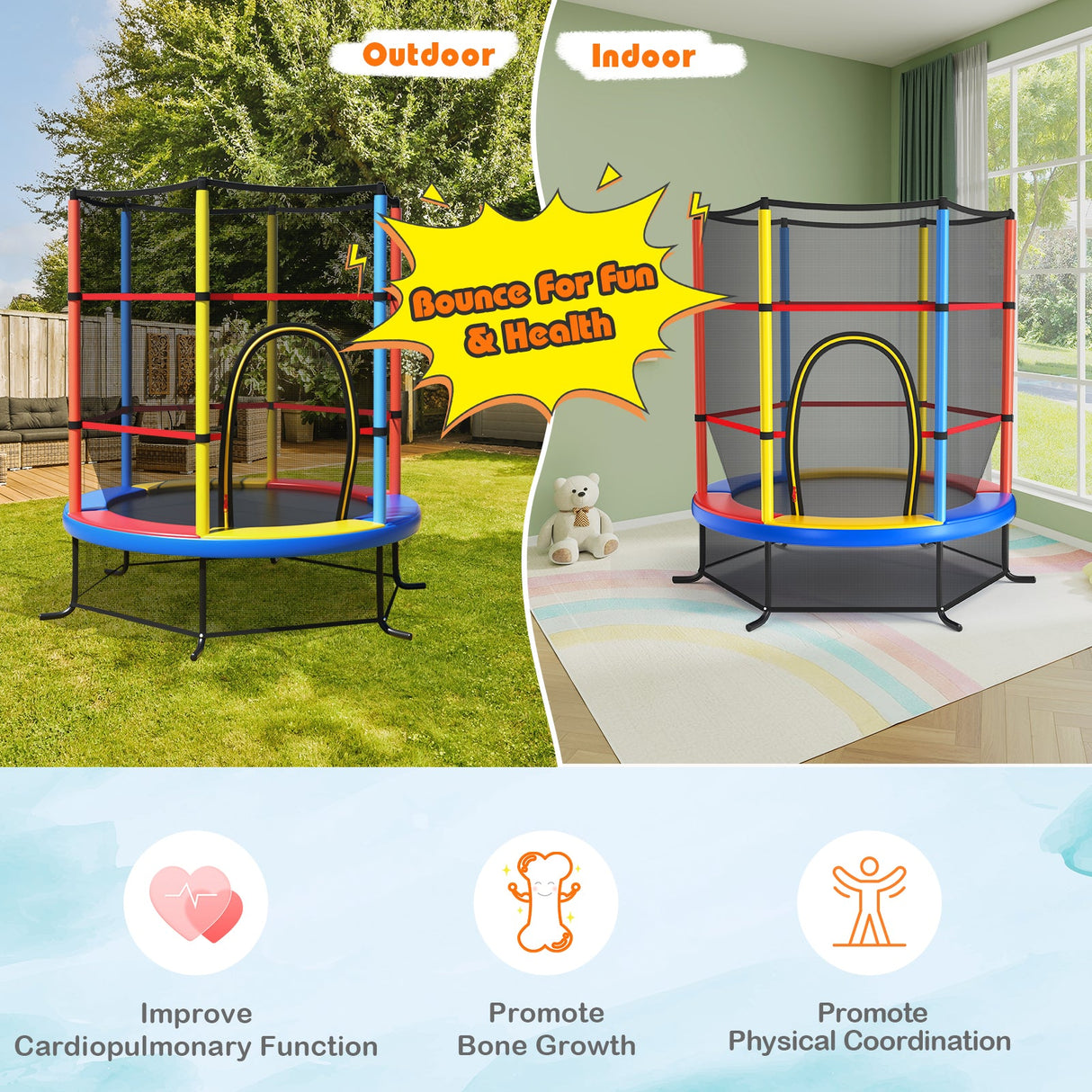 Cama elástica infantil recreativa de 55 pulgadas con red de seguridad
