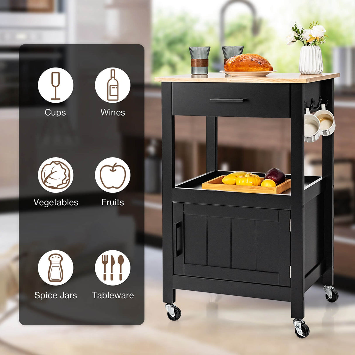 Isla de Cocina con Cajón de Almacenamiento y 3 Ganchos