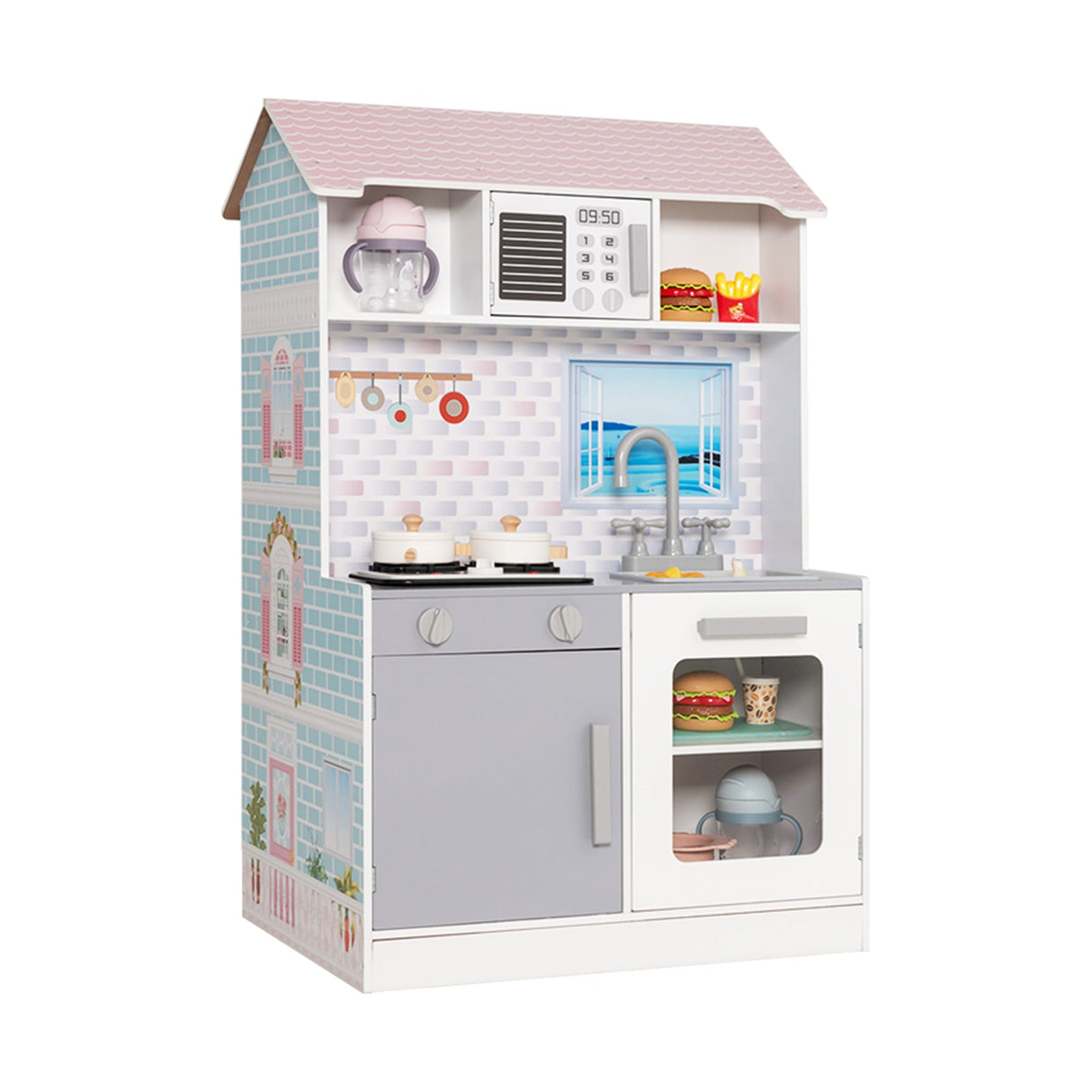 Cocina de juguete y casa de muñecas 2 en 1 de doble cara para niños con muebles