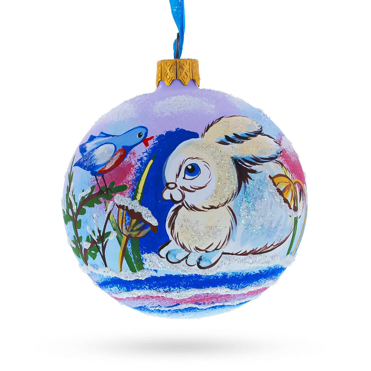 Charming Bunny Rabbit and Bird Whimsical Glass Ball Christmas Ornament 3.25 Inches