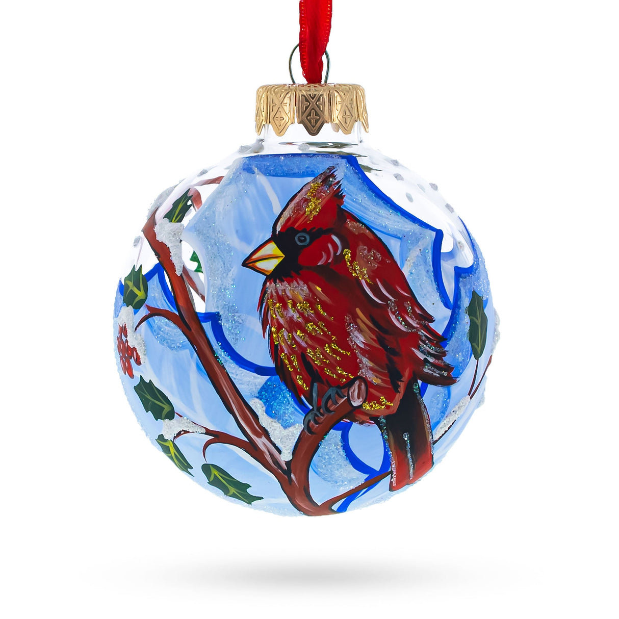 Cardinal Winter Scene Glass Ball Christmas Ornament 3.25 Inches