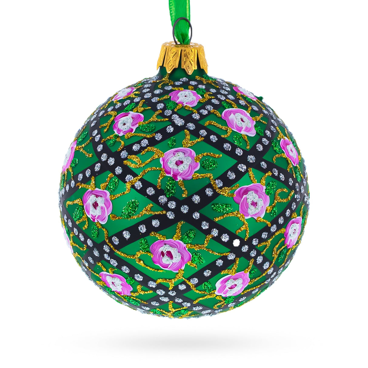 1907 Rose Trellis Royal Green Glass Ball Christmas Ornament 3.25 Inches