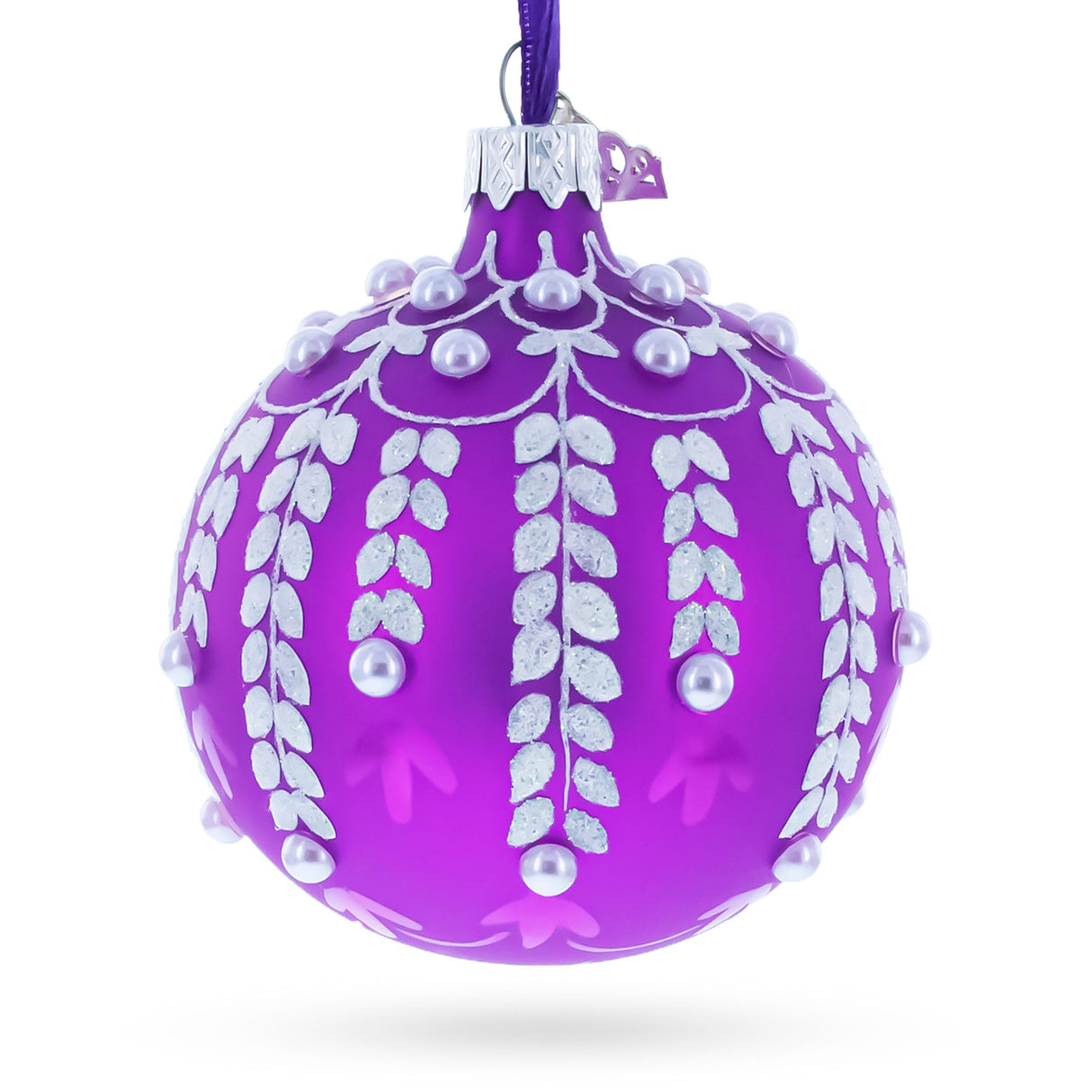 White Vines Entwined on a Lavender Dreamscape Glass Ball Christmas Ornament 3.25 Inches