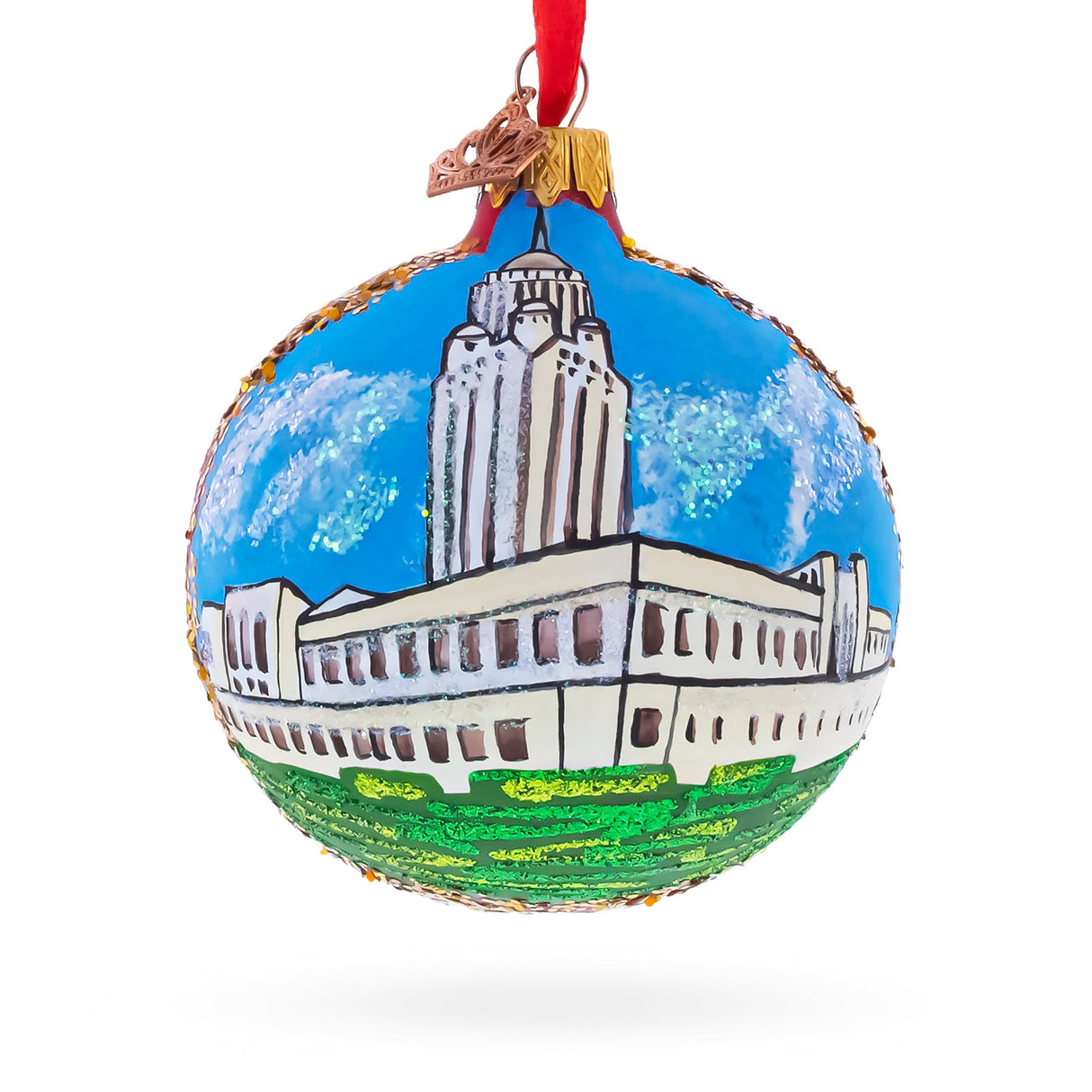 Nebraska State Capitol, Lincoln, Nebraska Glass Ball Christmas Ornament 3.25 Inches