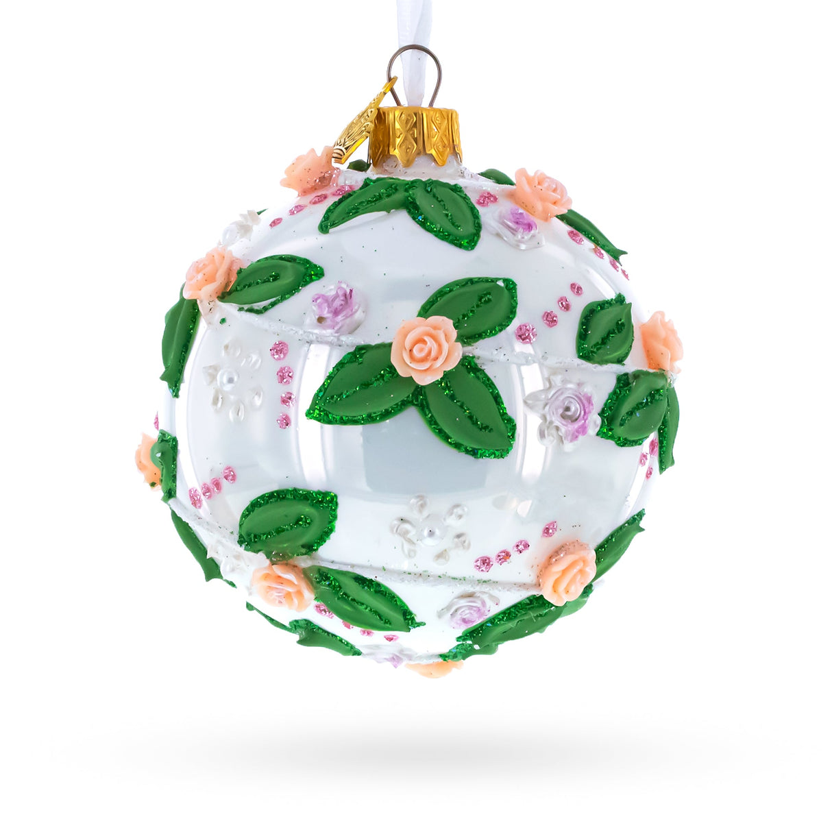 3D Roses in Silver Spiral Glass Ball Christmas Ornament 3.25 Inches