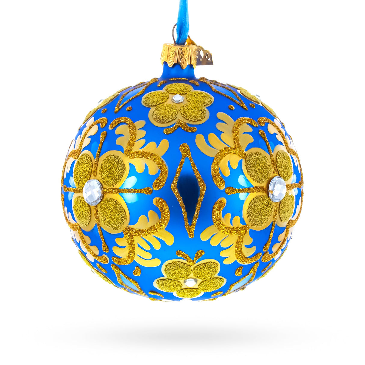 Jeweled Golden Leaves on Blue Glass Ball Christmas Ornament 4 Inches