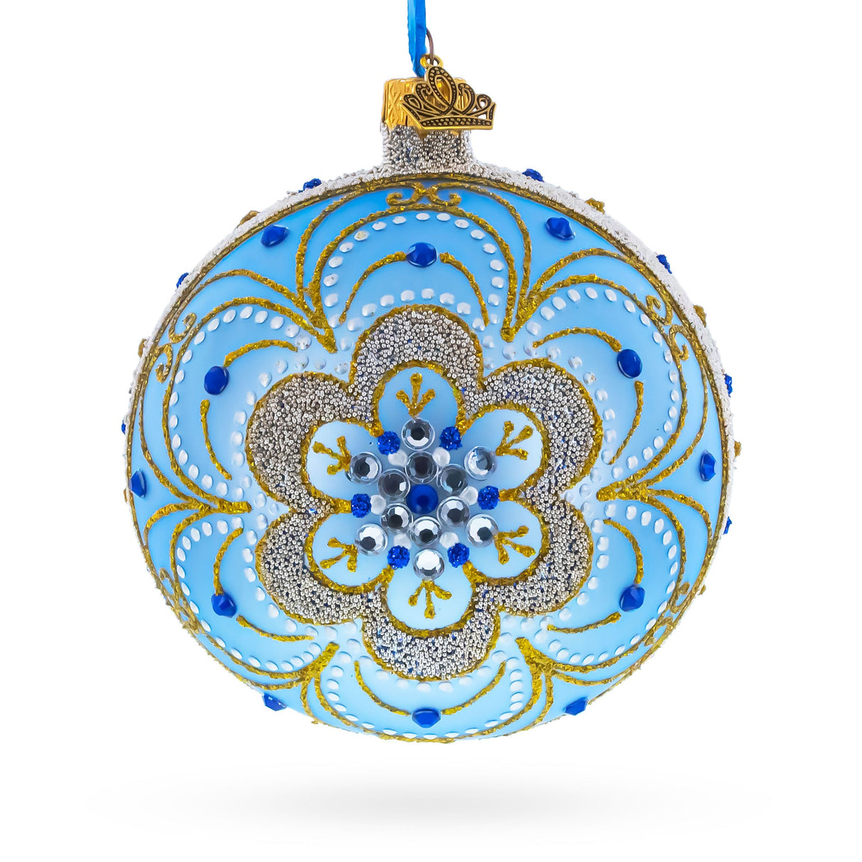 Baroque Filigree with Gemstones on Blue Glass Ball Christmas Ornament 4 Inches