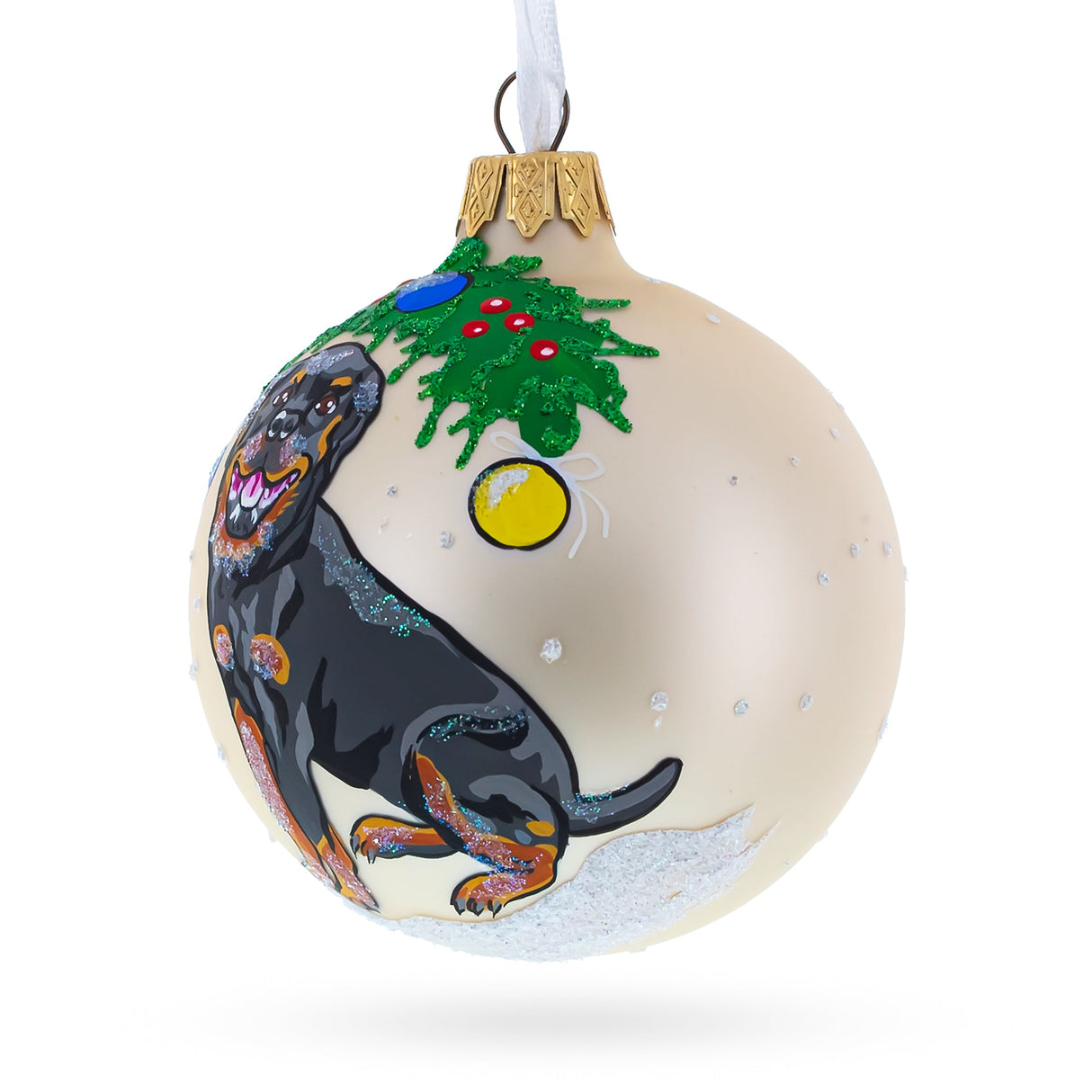 Cheerful Rottweiler Glass Ball Christmas Ornament 3.25 Inches