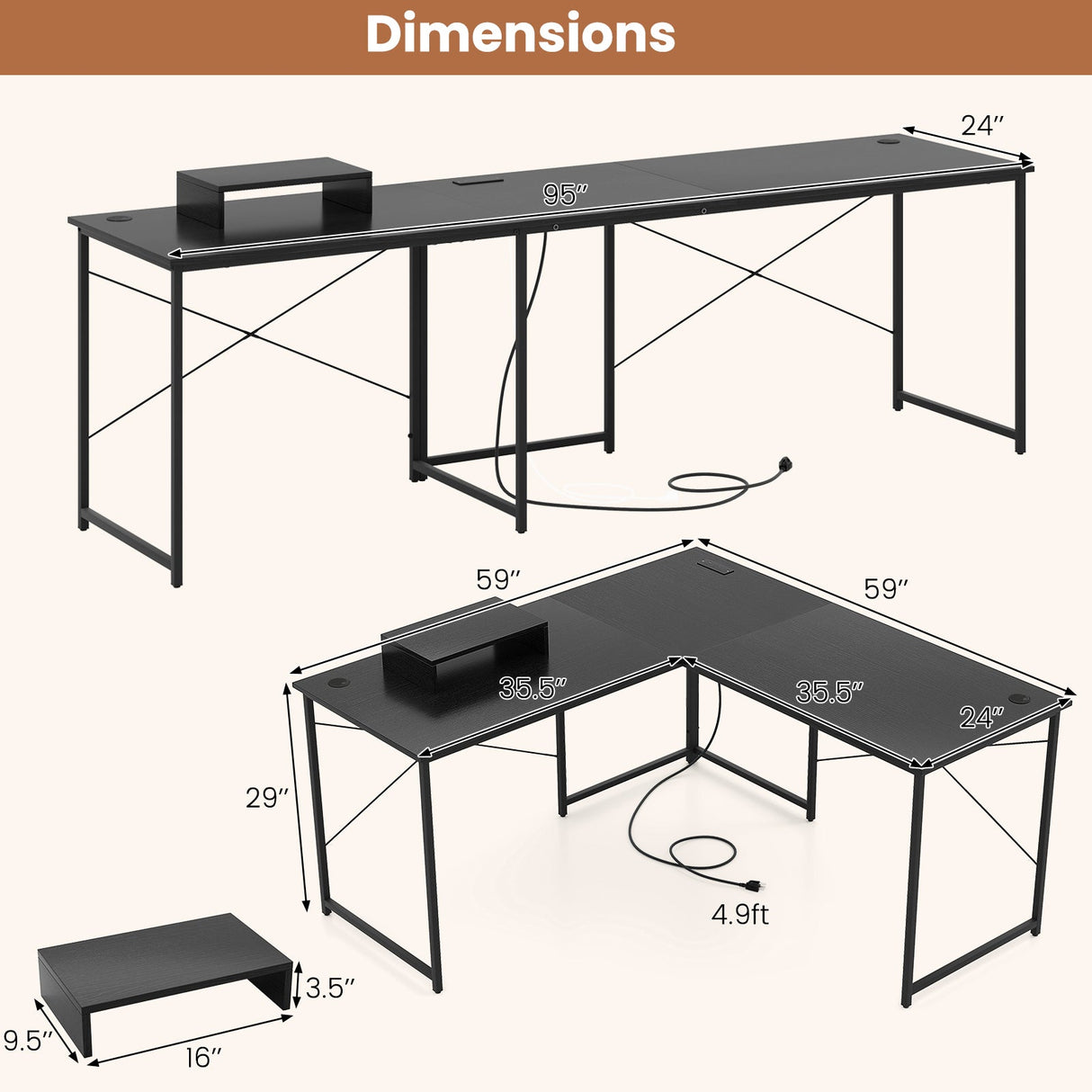 Escritorio de computadora reversible en forma de L de 95 pulgadas para 2 personas con soporte para monitor