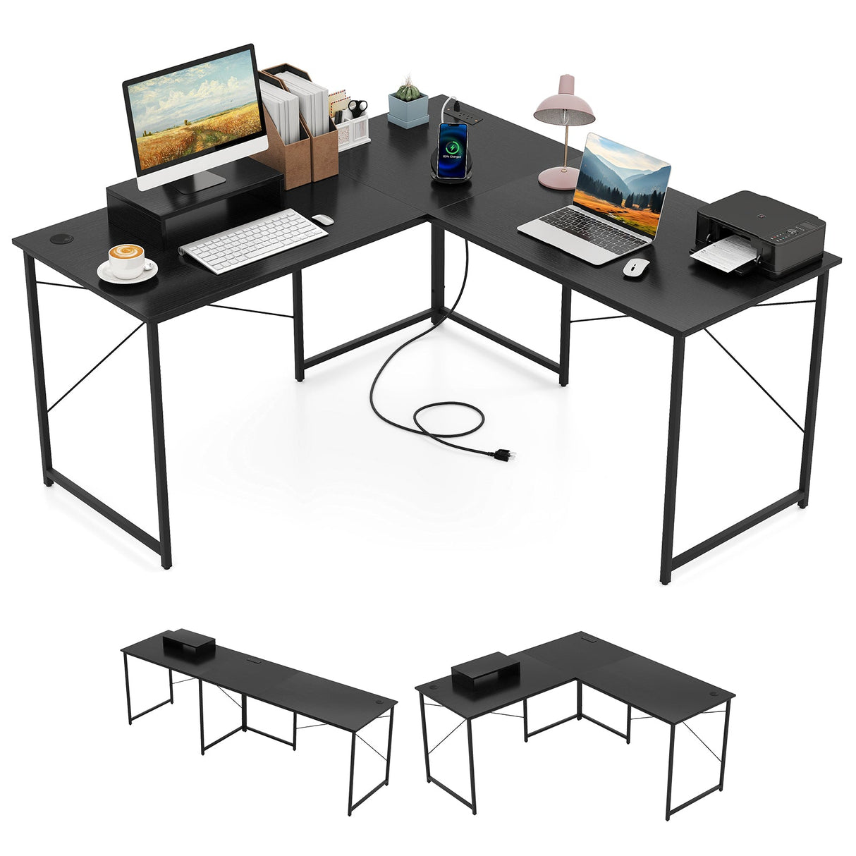 Escritorio de computadora reversible en forma de L de 95 pulgadas para 2 personas con soporte para monitor
