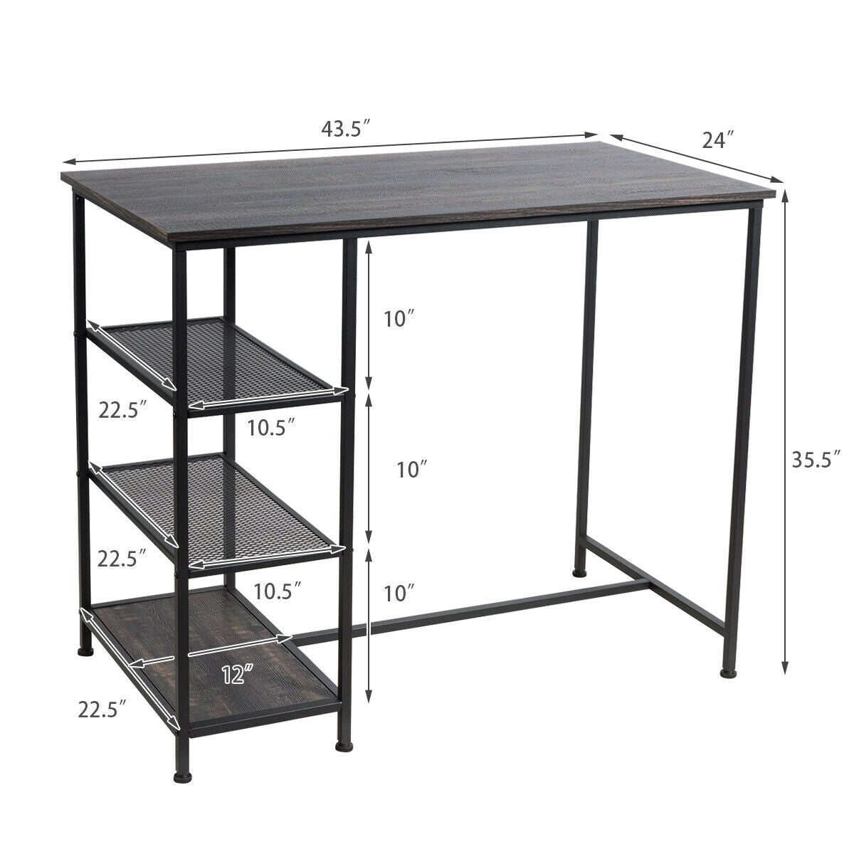 Mesa de bar/pub de comedor industrial con estructura de metal y estantes de almacenamiento