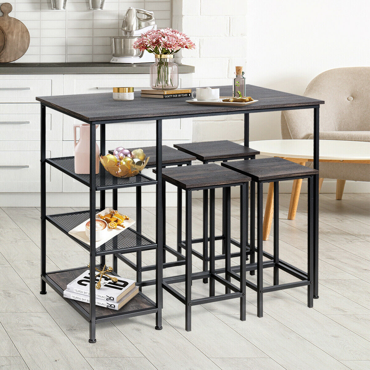 Mesa de bar/pub de comedor industrial con estructura de metal y estantes de almacenamiento
