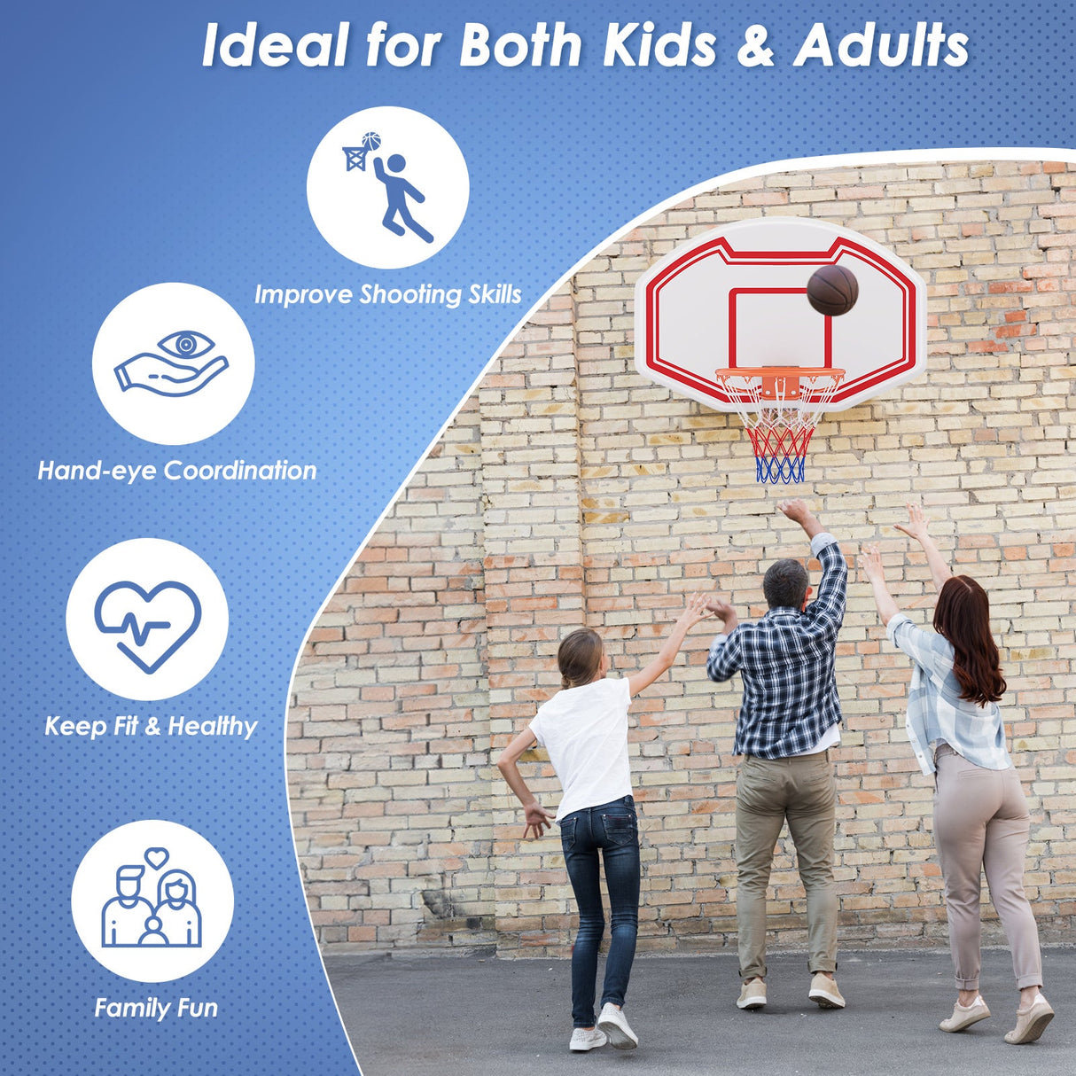 Canasta de baloncesto grande de pared con tablero inastillable