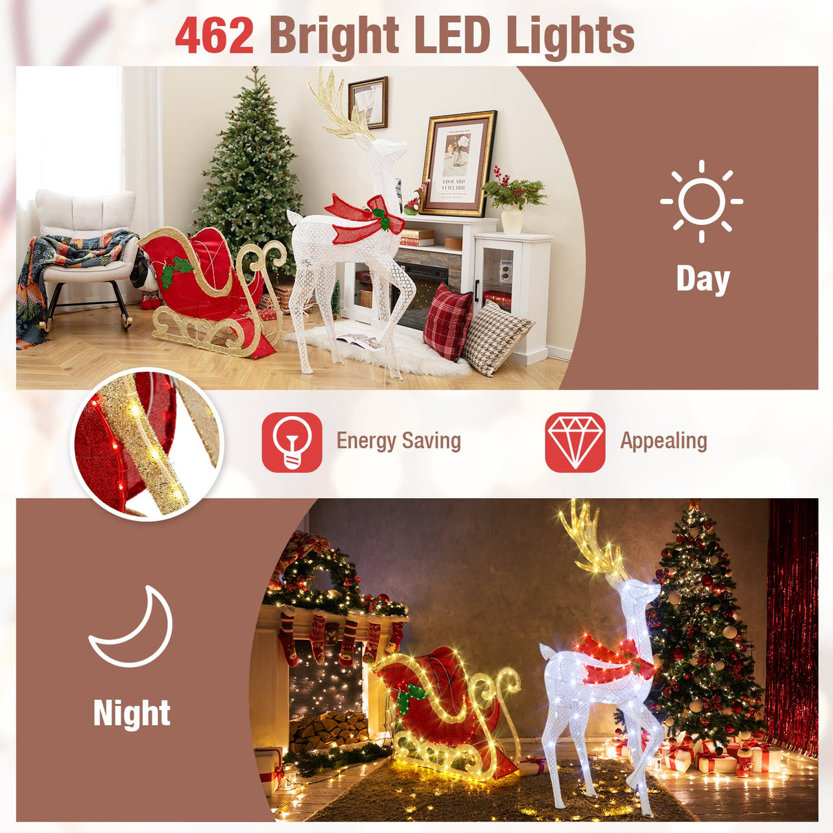 Renos navideños y trineo de Papá Noel iluminados con LED