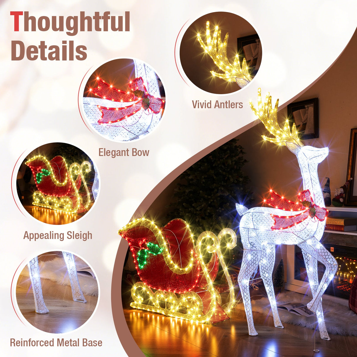 Renos navideños y trineo de Papá Noel iluminados con LED