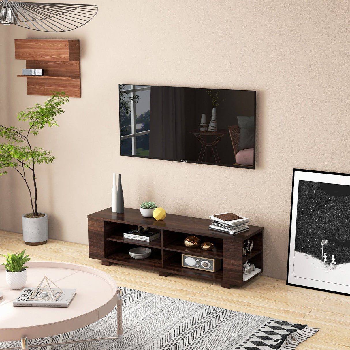 Mueble de TV de madera para almacenamiento de consolas y equipos multimedia de 59 pulgadas - Nogal