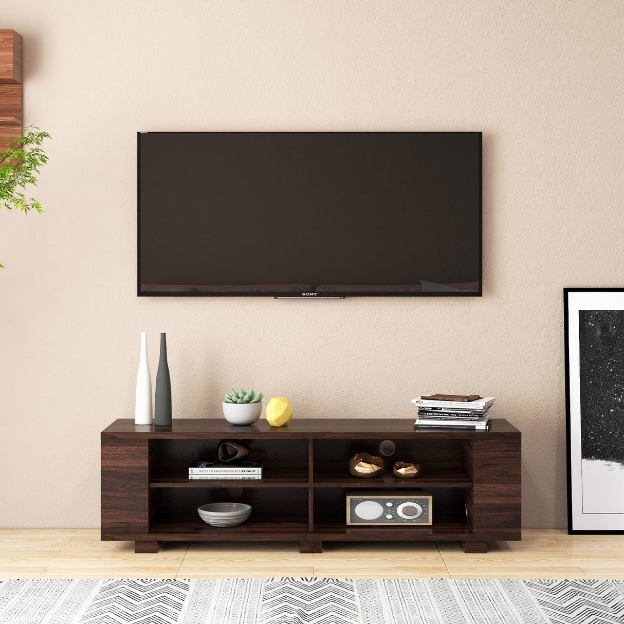Mueble de TV de madera para almacenamiento de consolas y equipos multimedia de 59 pulgadas - Nogal