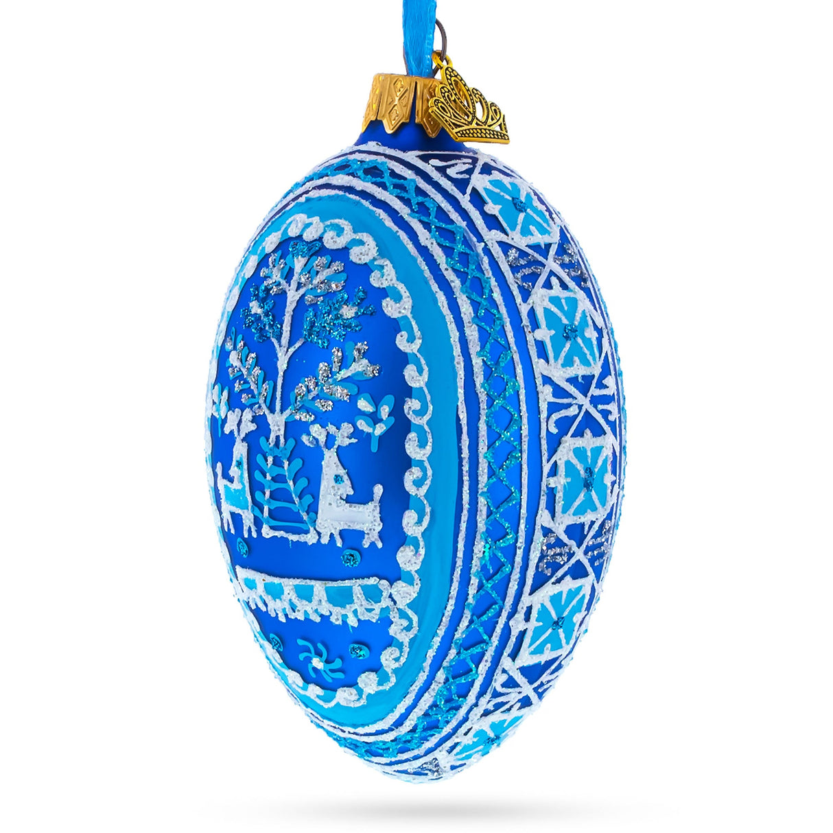 Two Deer in Forest Ukrainian Glass Egg Ornament 4 Inches
