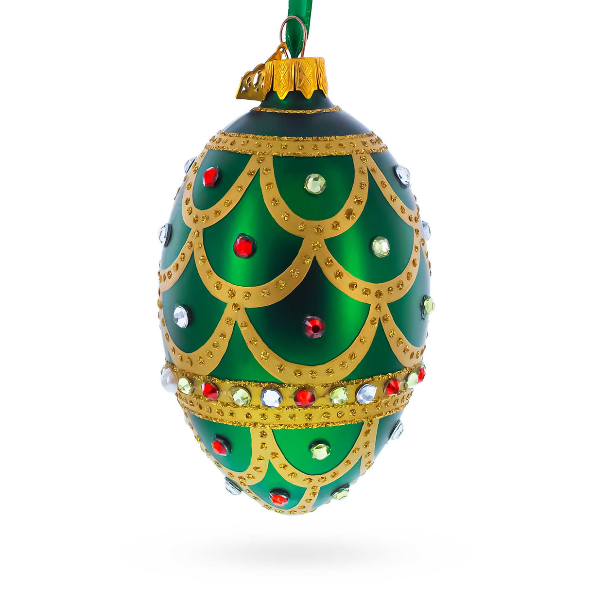Gold Scallop on Green Jeweled Egg Glass Ornament 4 Inches