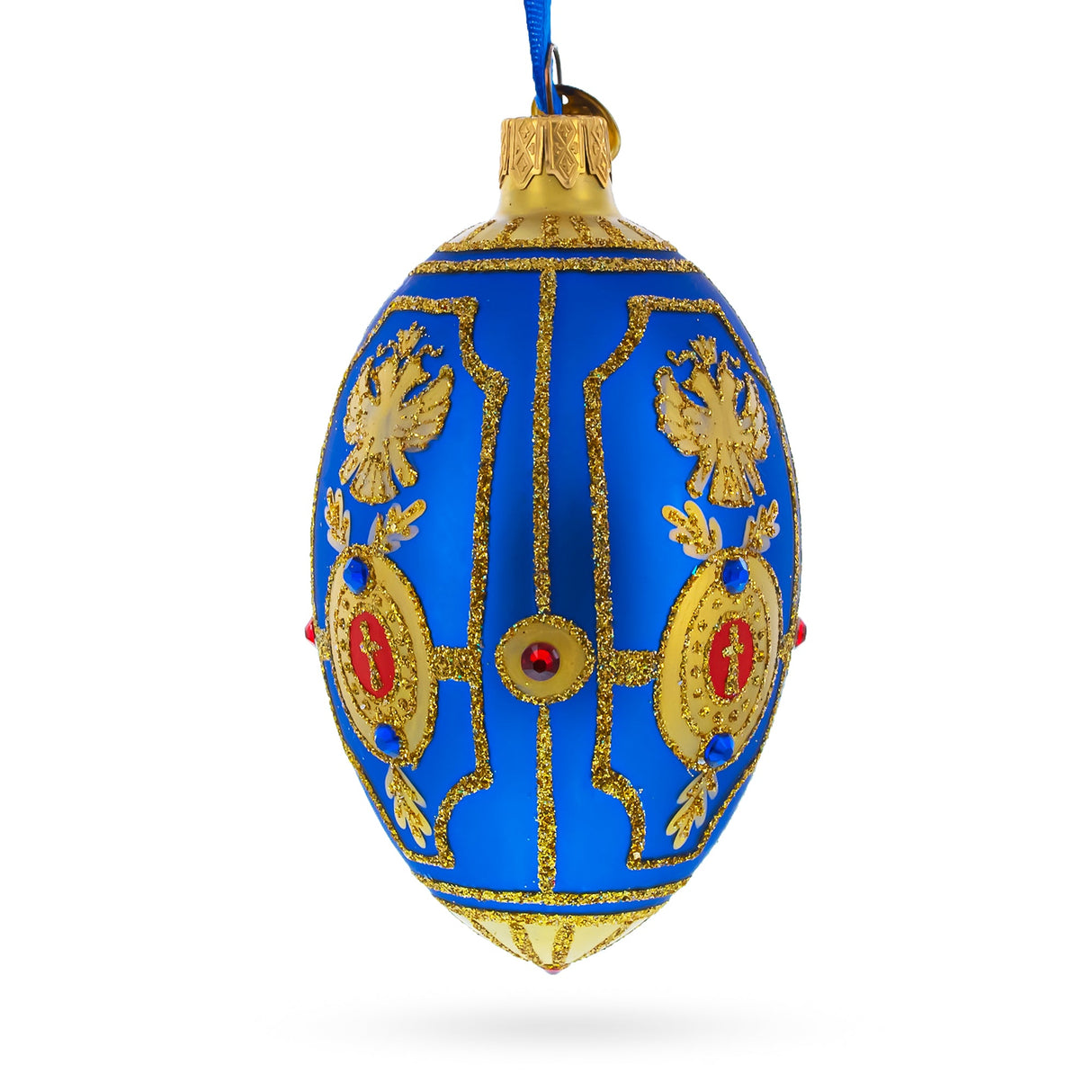 Golden Eagle on Blue Glass Egg Christmas Ornament 4 Inches