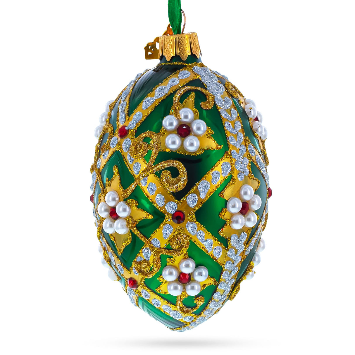 Jewels on Green Glass Egg Christmas Ornament 4 Inches
