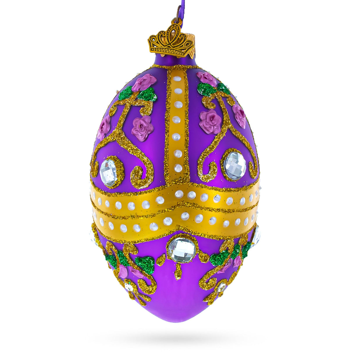 Jeweled Scrolls on Purple Glass Egg Christmas Ornament 4 Inches