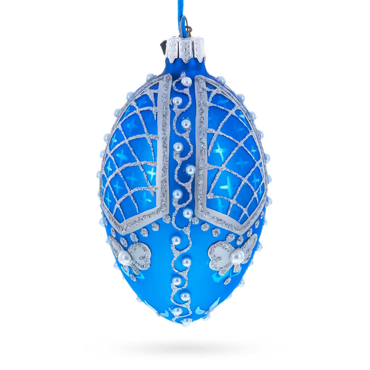 Pearls on Blue Glass Egg Ornament 4 Inches