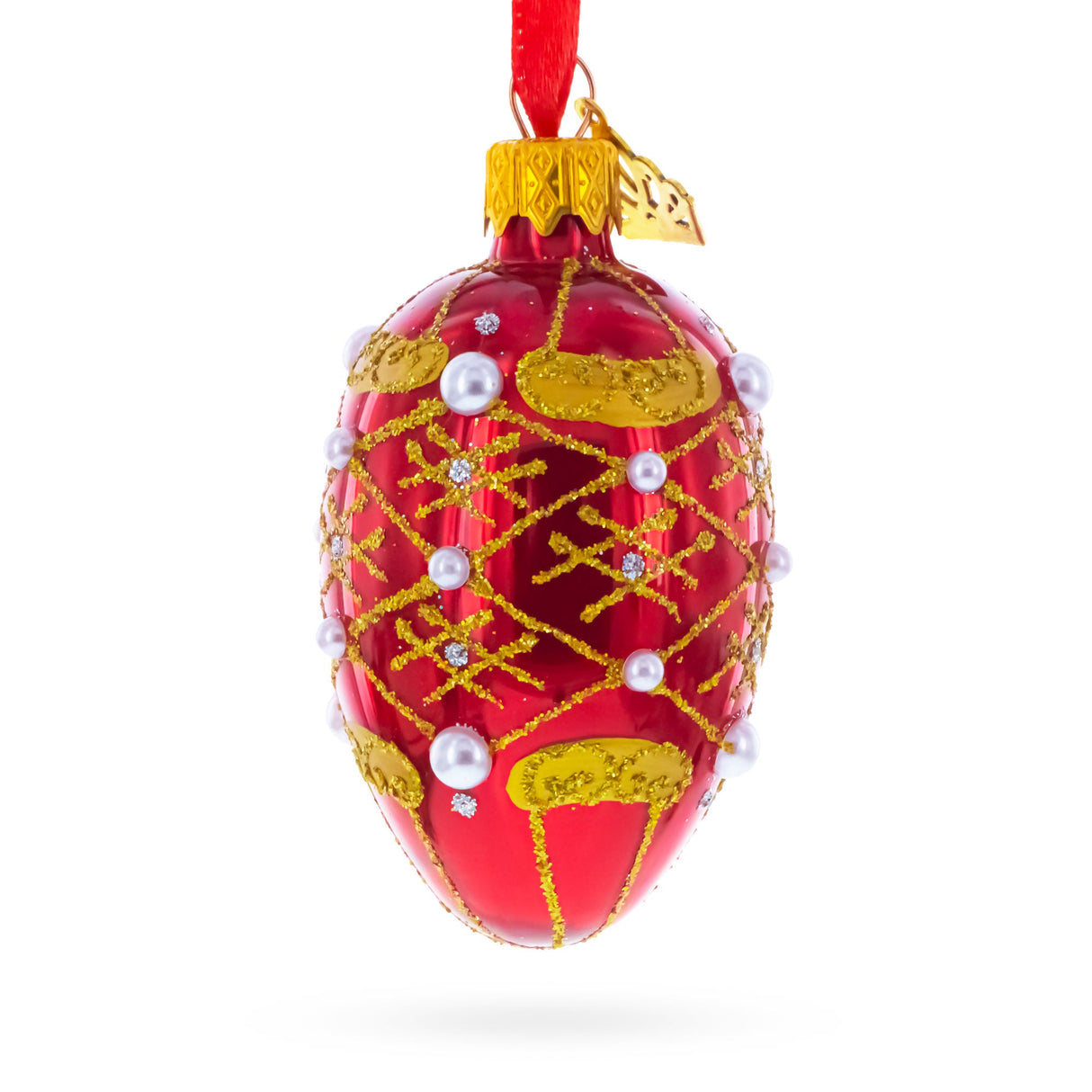 Red with Gold Glitter, Pearl Accents, and Floral Design Mini Glass Egg Ornament 2.9 Inches