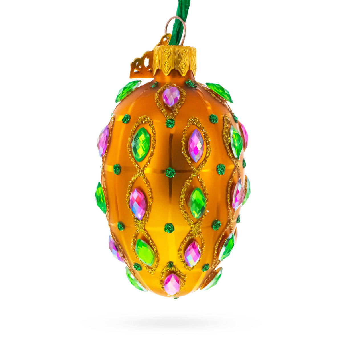 Golden Amber with Pink & Green Jewel Accents Mini Glass Egg Ornament 2.9 Inches