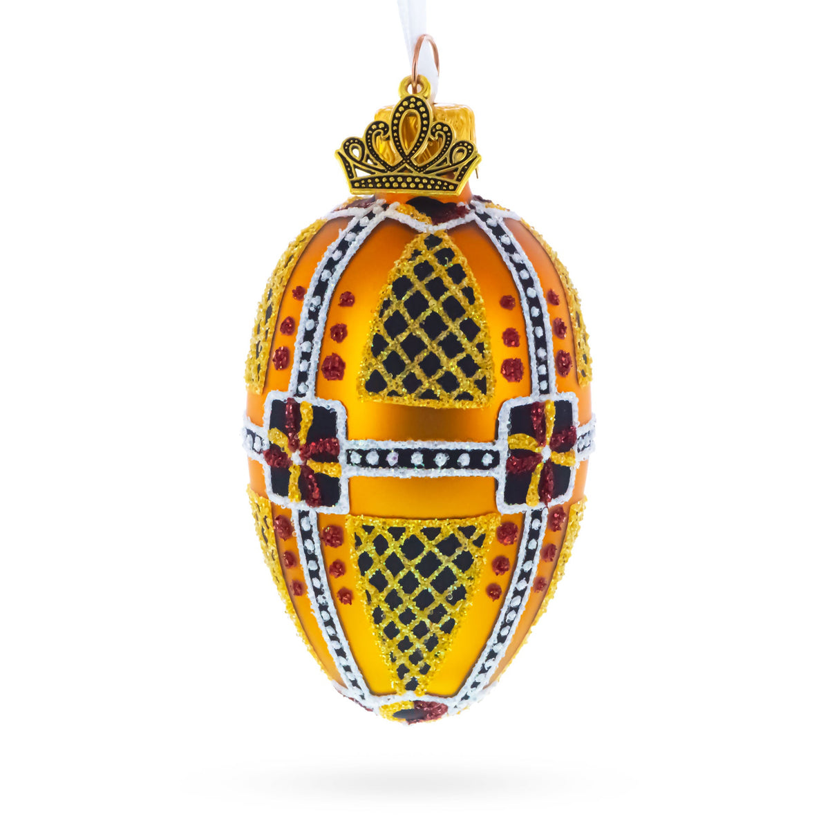 Amber with Red, Black, and Gold Geometric Pattern Mini Glass Egg Ornament 2.9 Inches