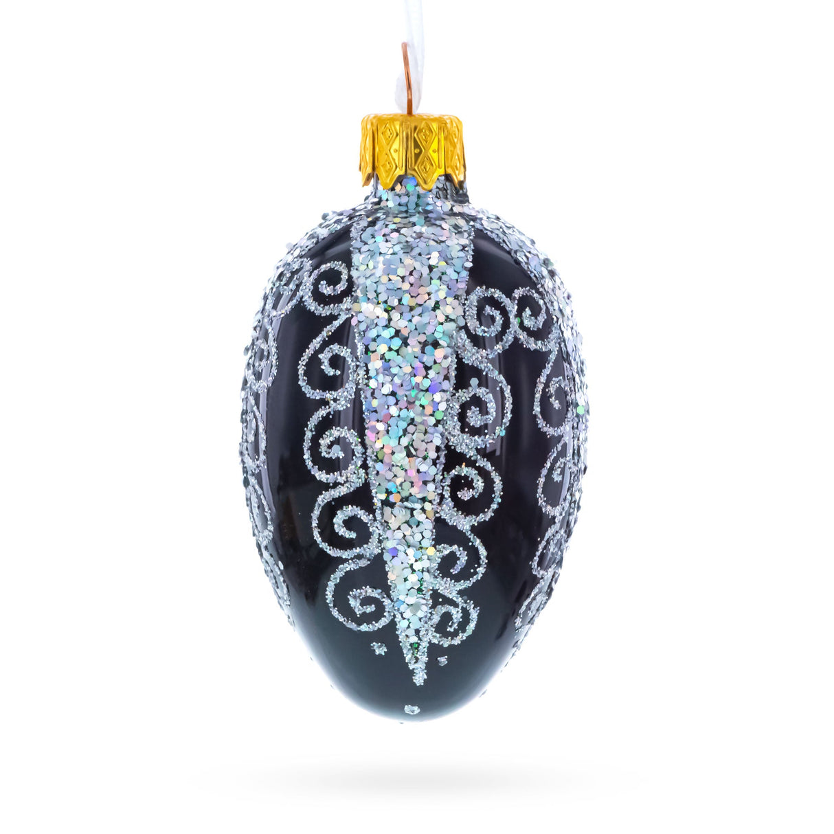 Black with Silver Glitter Swirls and Sequins Mini Glass Egg Ornament 2.9 Inches