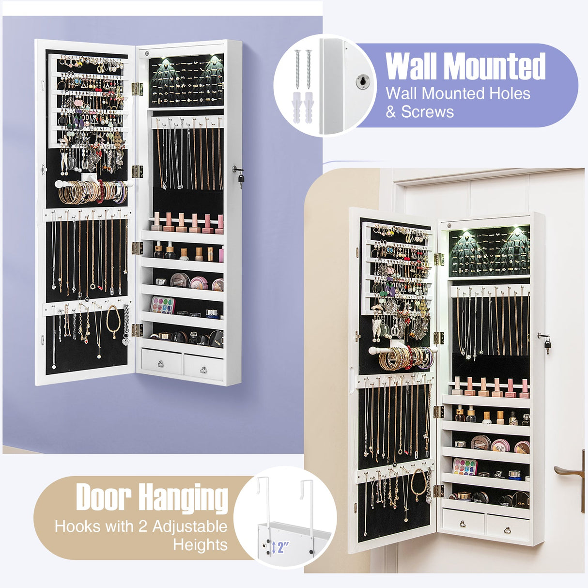 Lockable Wall Mount Mirrored Jewelry Cabinet with LED Lights
