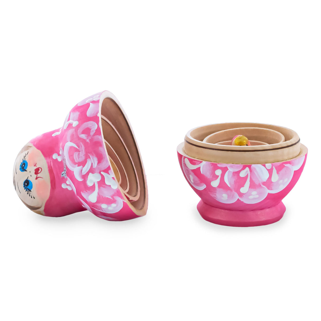 Light Pink Color with White Flowers Wooden Nesting Dolls