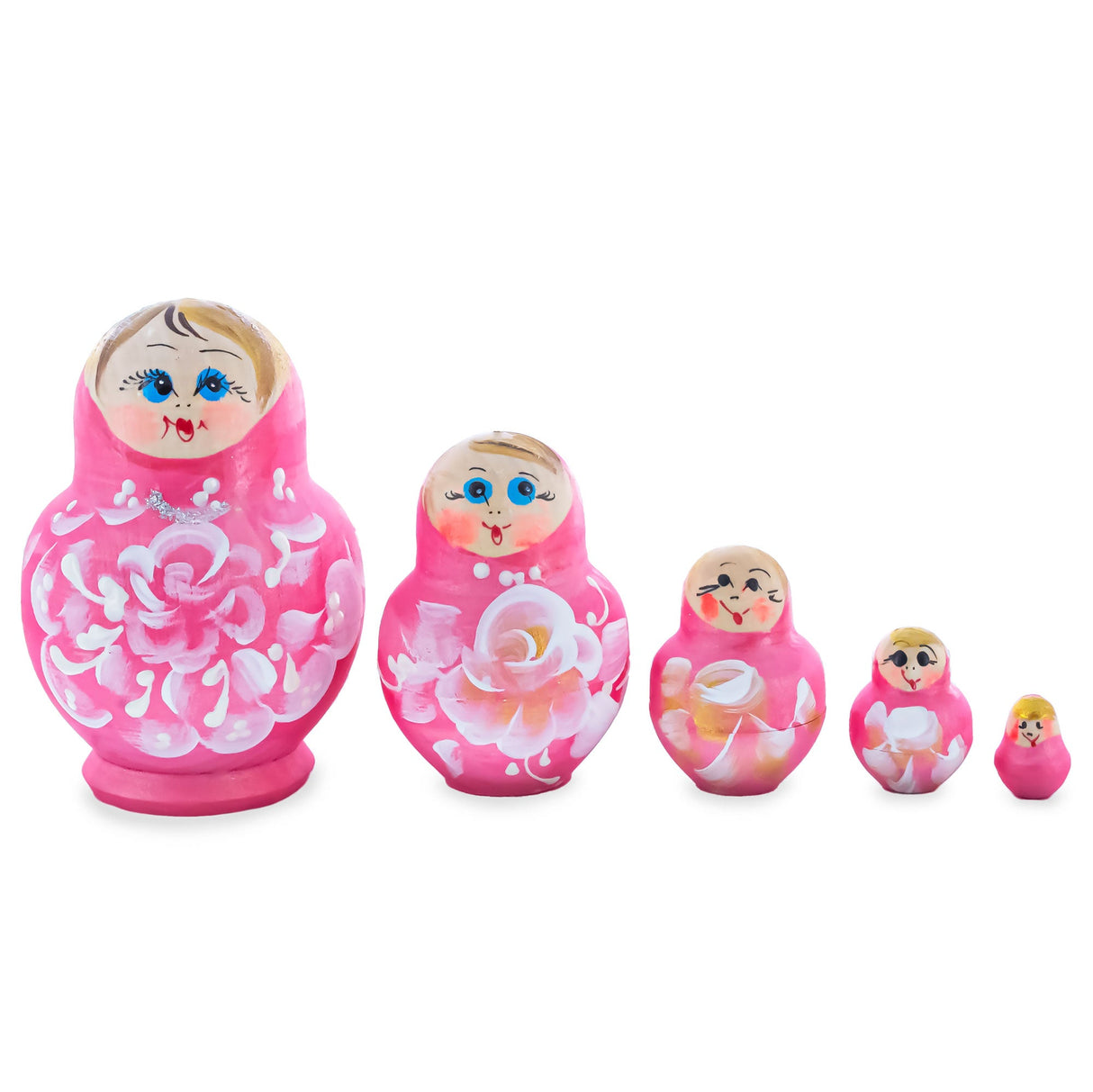 Light Pink Color with White Flowers Wooden Nesting Dolls