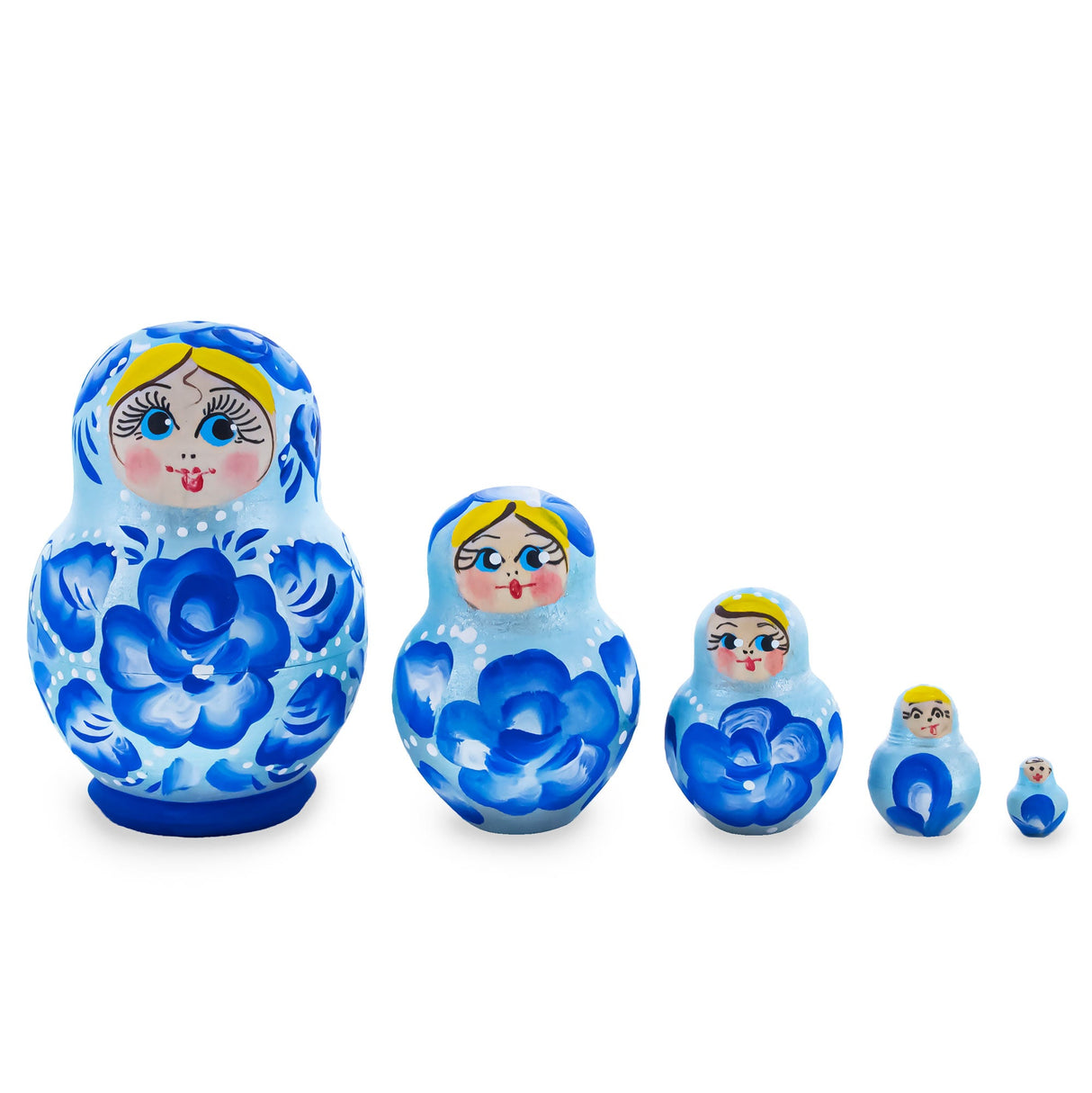 Light Blue Color with Blue Flowers Wooden Nesting Dolls