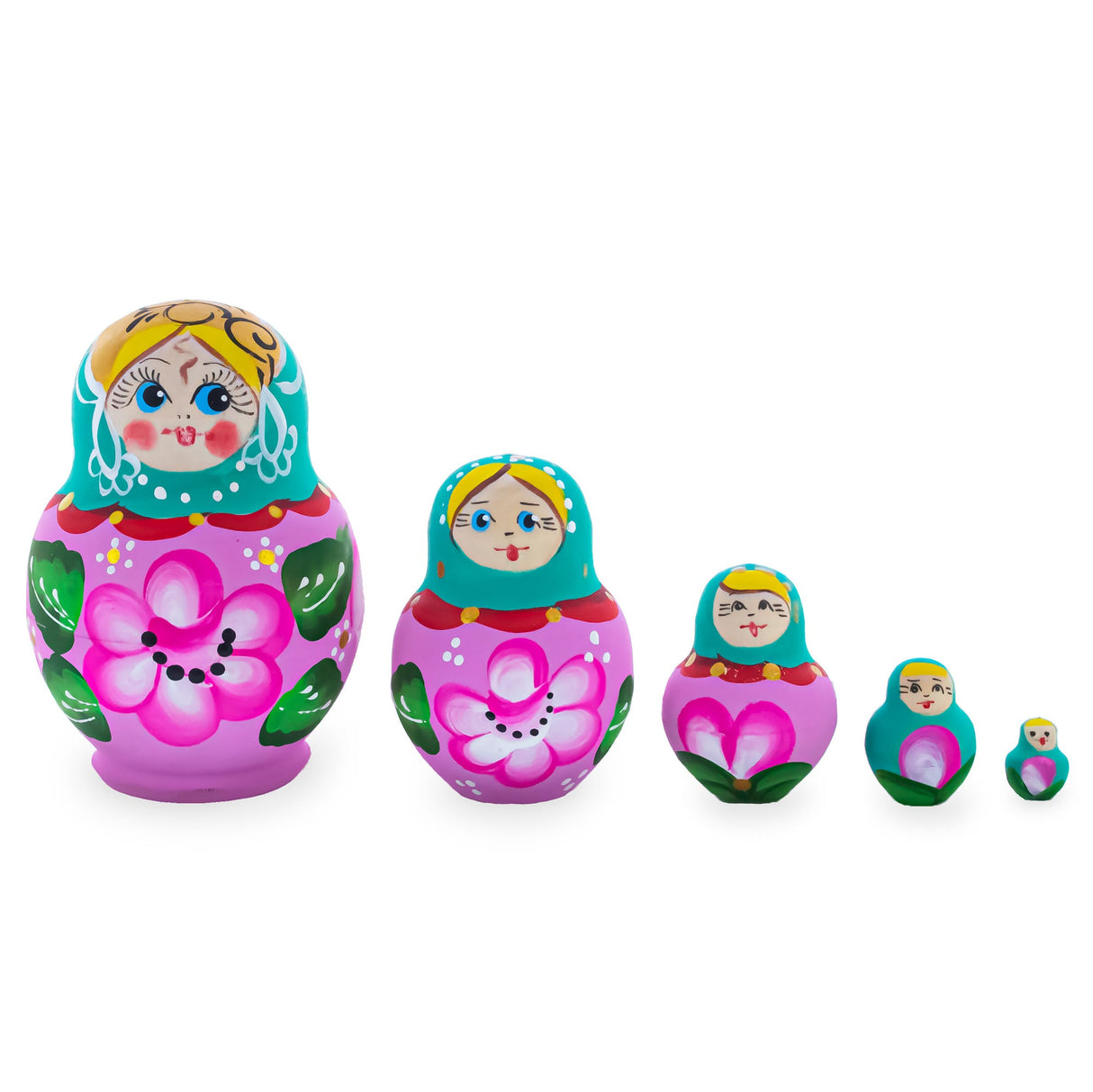 Green Hood with Pink Flower Pink Wooden Nesting Dolls
