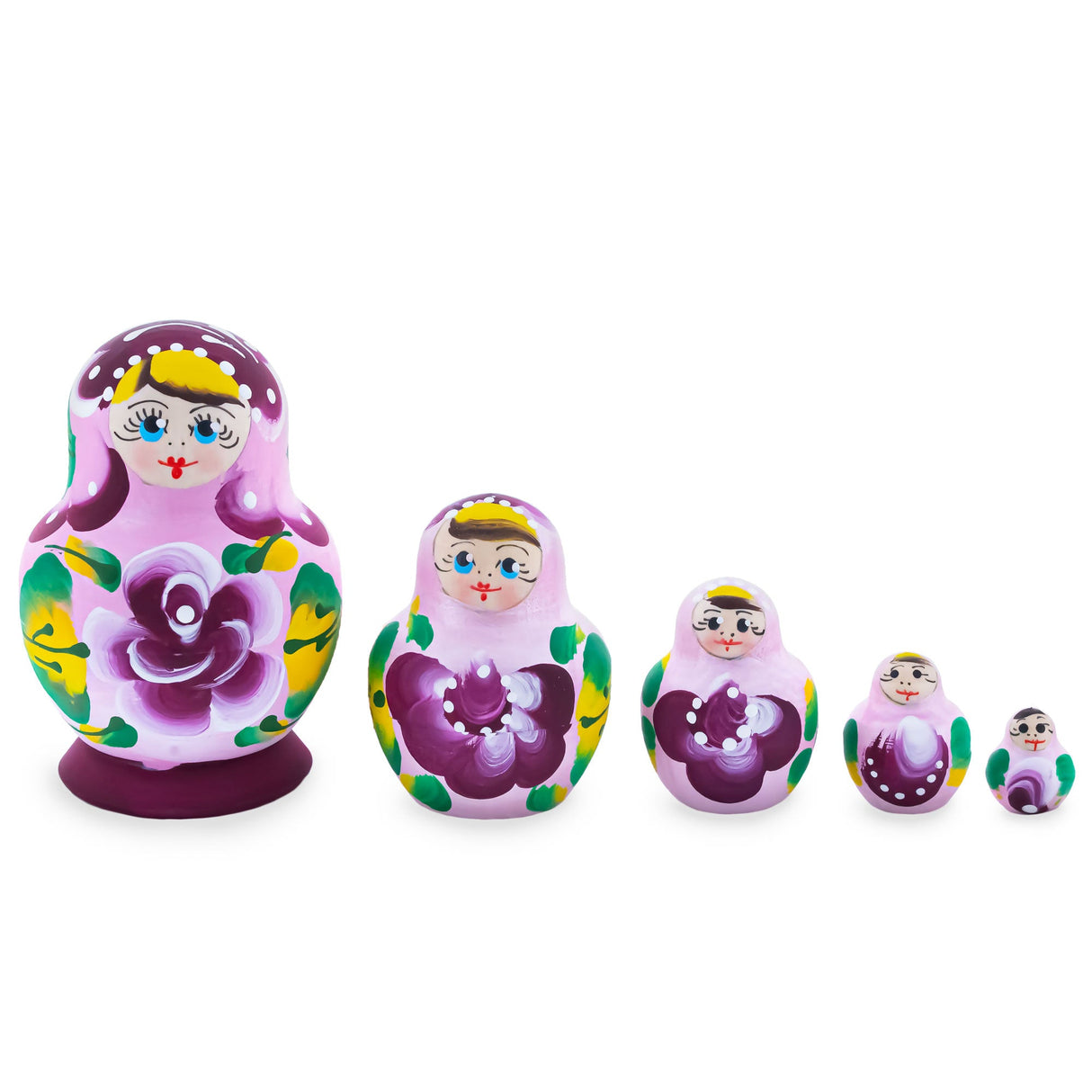 Pink Color with White Velvet Flower Wooden Nesting Dolls