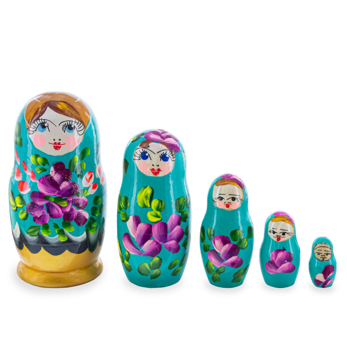 Green Hood with Purple and Orange Flowers Wooden Nesting Dolls