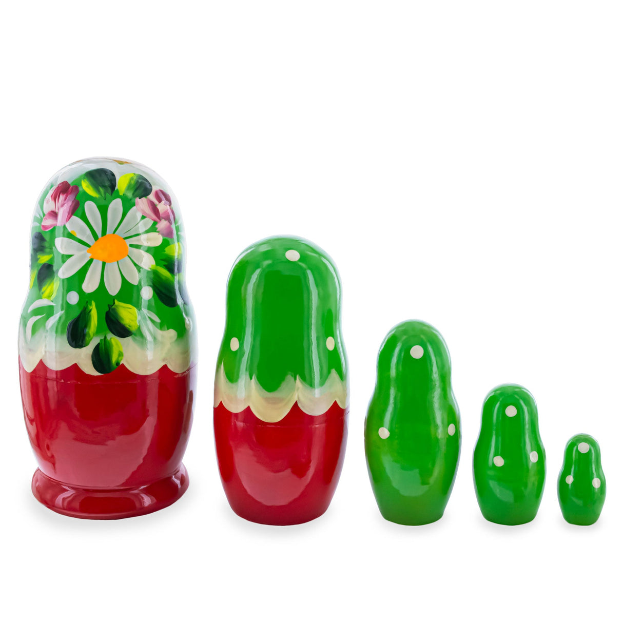Green Hood with Gold Flowers and Berries Wooden Nesting Dolls