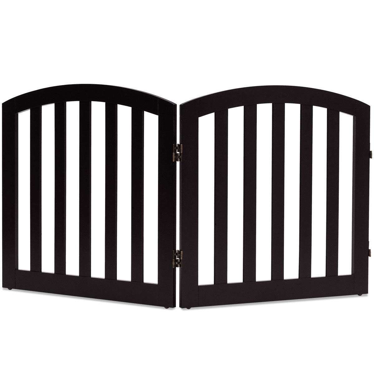 Barrera de seguridad de madera plegable y autónoma para mascotas, de 24 pulgadas y 2 paneles configurables con parte superior arqueada - Marrón
