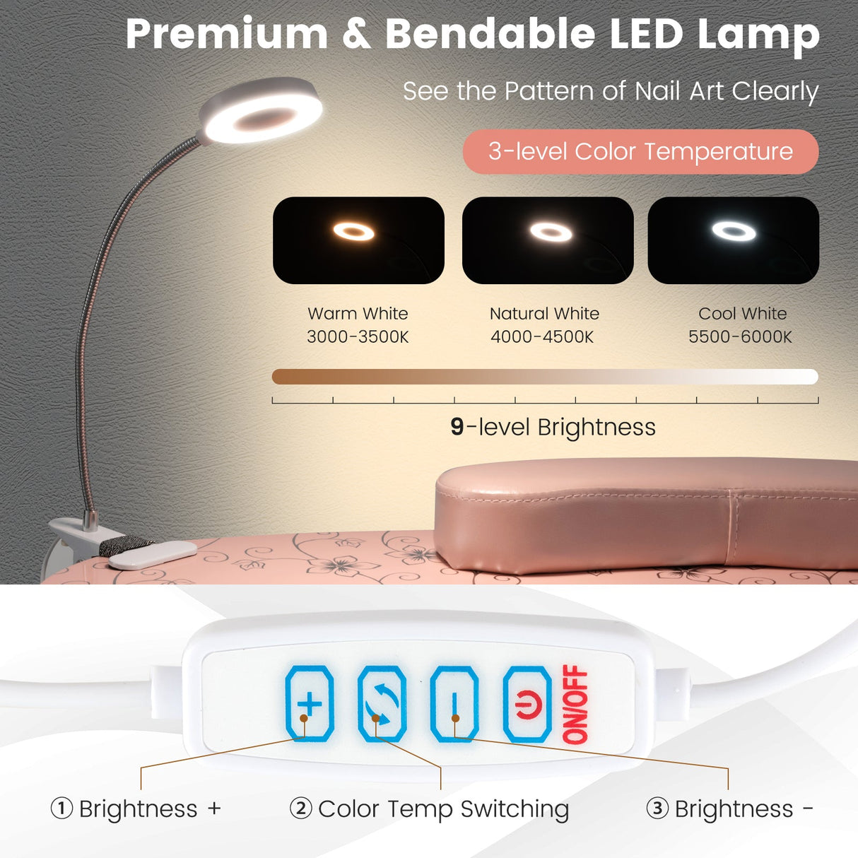 Mesa de manicura con lámpara de mesa LED USB flexible - Rosa