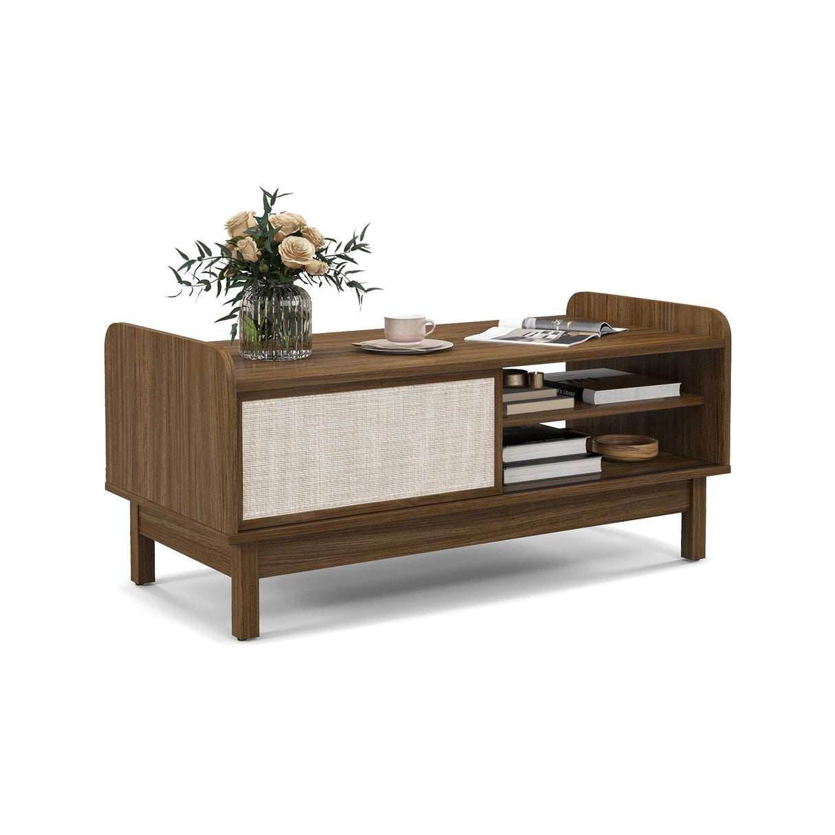 Mesa de centro Mid-Century con almacenamiento, puerta corredera tejida y estante ajustable-Nogal