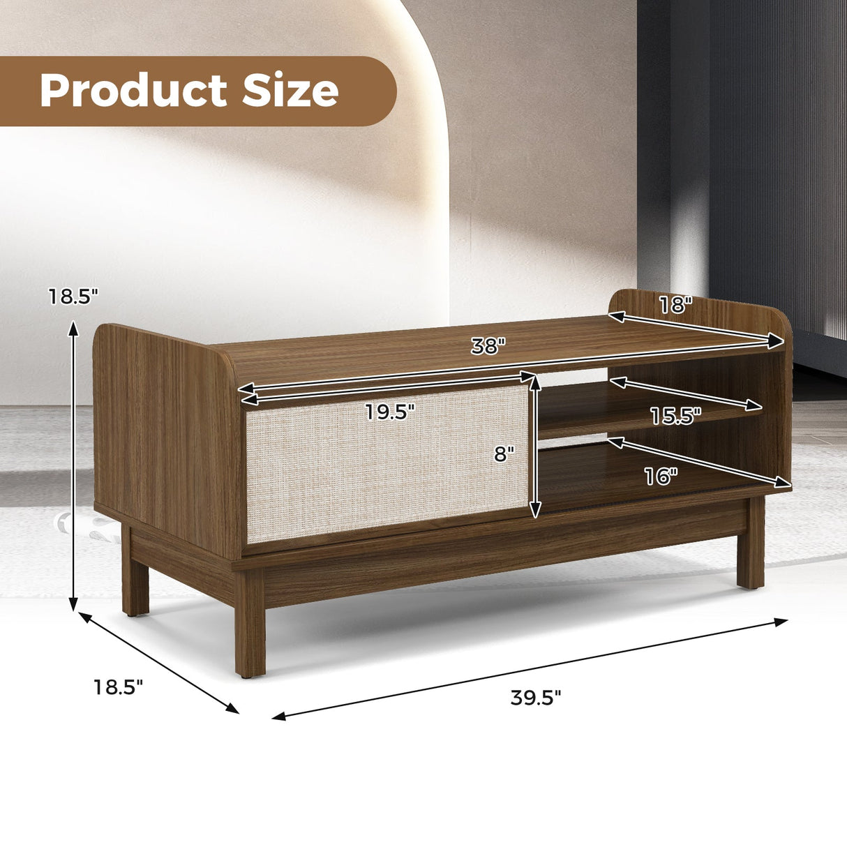 Mesa de centro Mid-Century con almacenamiento, puerta corredera tejida y estante ajustable-Nogal