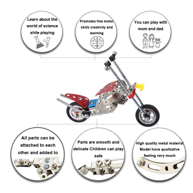Metal Motorcycle Model Kit Buildable Chopper Toy with Bolts & Tools DIY (105 Pieces) 7.5 Inches