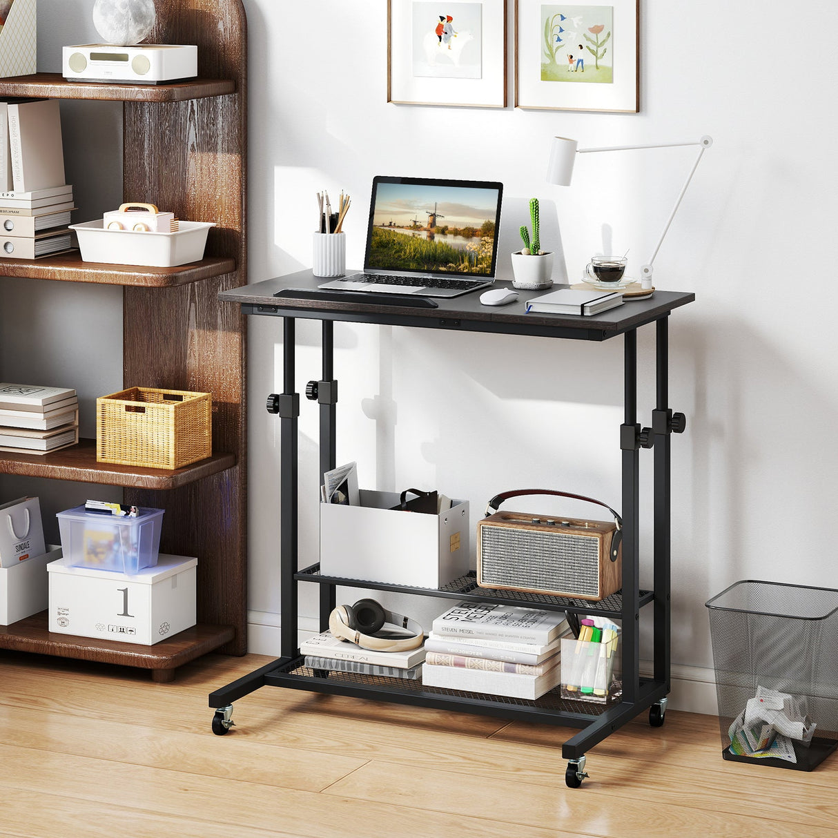 Mesa de pie móvil de altura ajustable con tablero inclinable