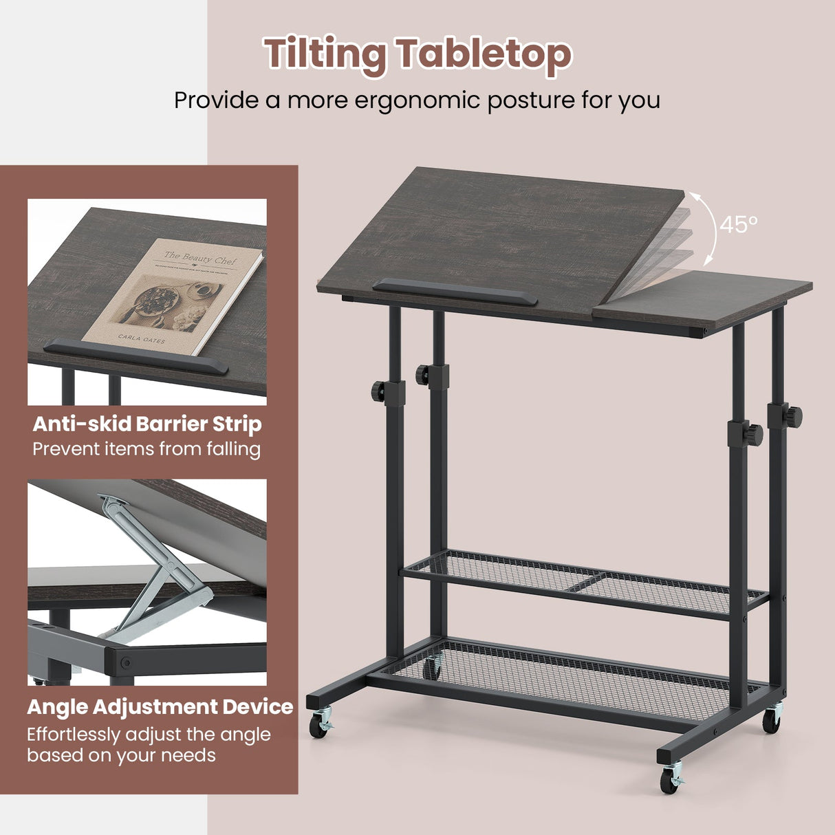 Mesa de pie móvil de altura ajustable con tablero inclinable